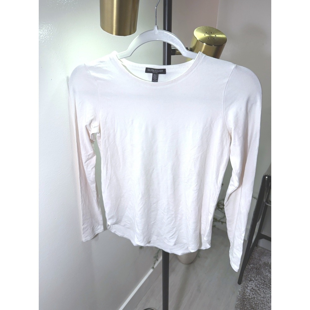 Eileen Fisher White Viscose Jersey‎ Long Sleeve Crew Neck Curved Hem Top S